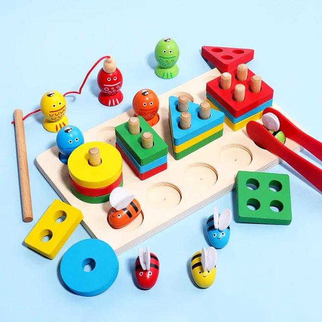 3 in 1 Wooden Toy 4 Column Fishing and Bee Clipping