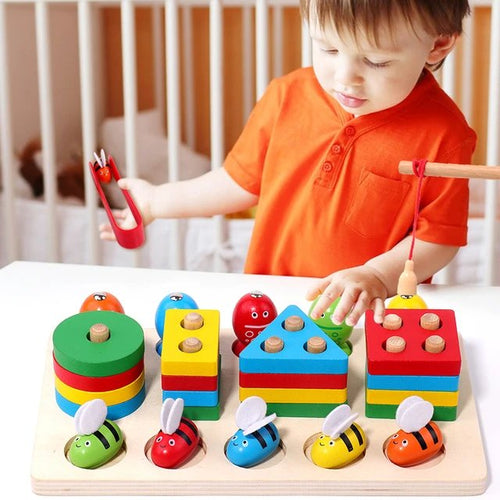 3 in 1 Wooden Toy 4 Column Fishing and Bee Clipping