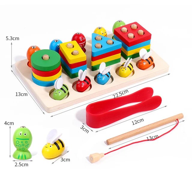 3 in 1 Wooden Toy 4 Column Fishing and Bee Clipping