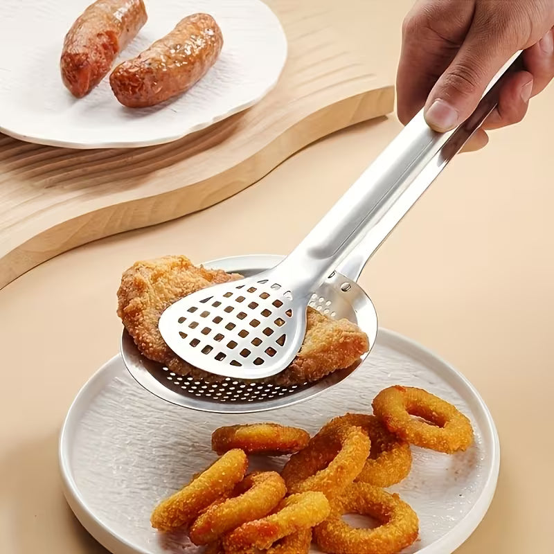 2 in 1 Filter Spoon with Tongs – Stainless Steel Strainer & Food Serving Clip for Frying and Cooking