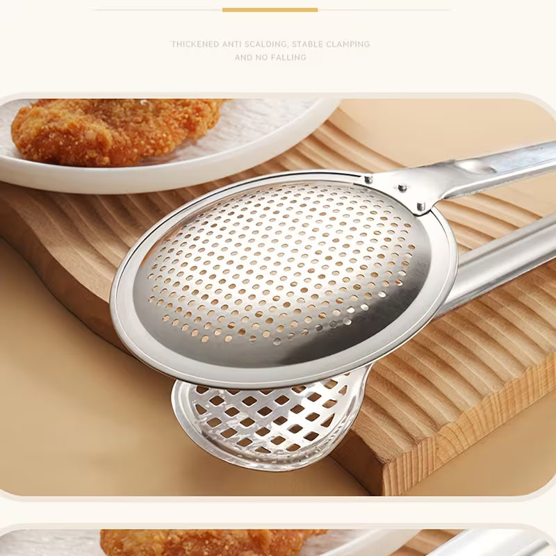 2 in 1 Filter Spoon with Tongs – Stainless Steel Strainer & Food Serving Clip for Frying and Cooking