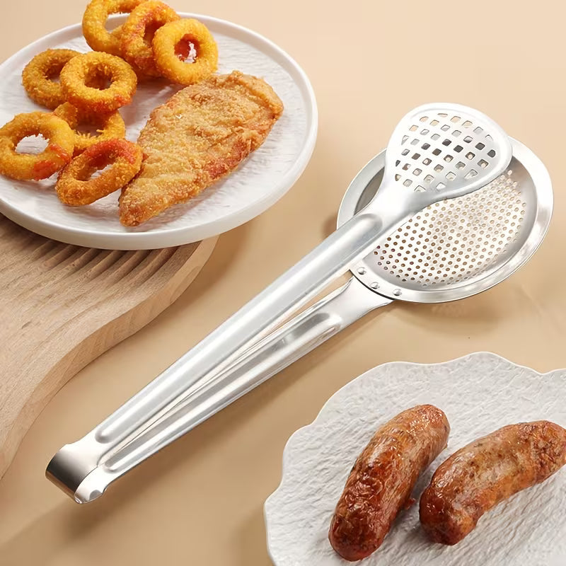 2 in 1 Filter Spoon with Tongs – Stainless Steel Strainer & Food Serving Clip for Frying and Cooking