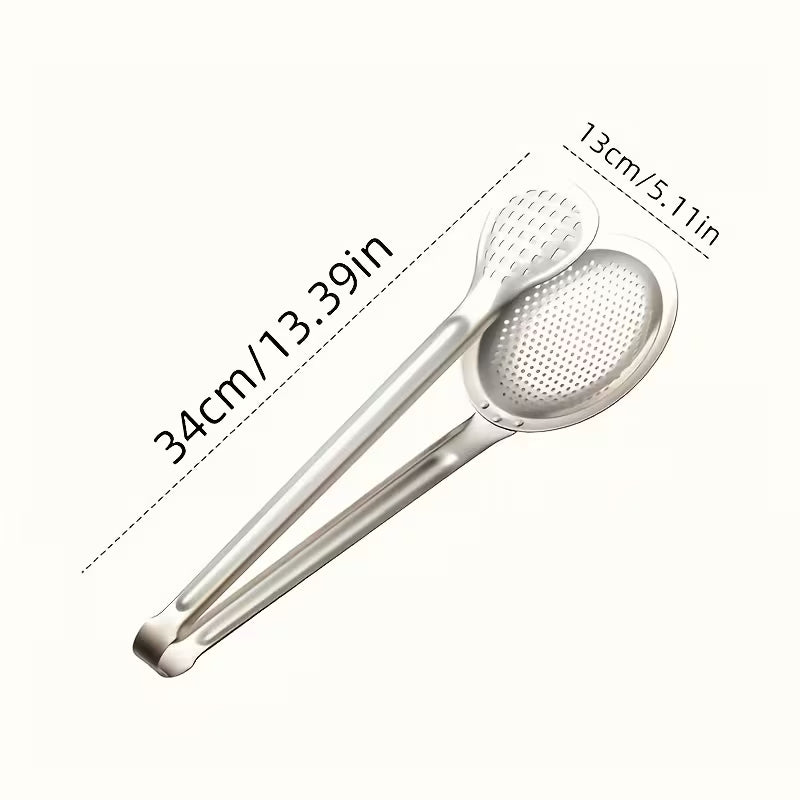 2 in 1 Filter Spoon with Tongs – Stainless Steel Strainer & Food Serving Clip for Frying and Cooking