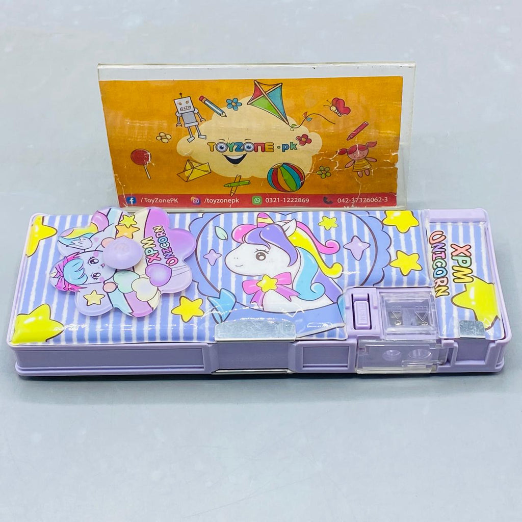 Magical Unicorn Pop-Up Pencil Box with Built-in Sharpener & Purple Striped Design