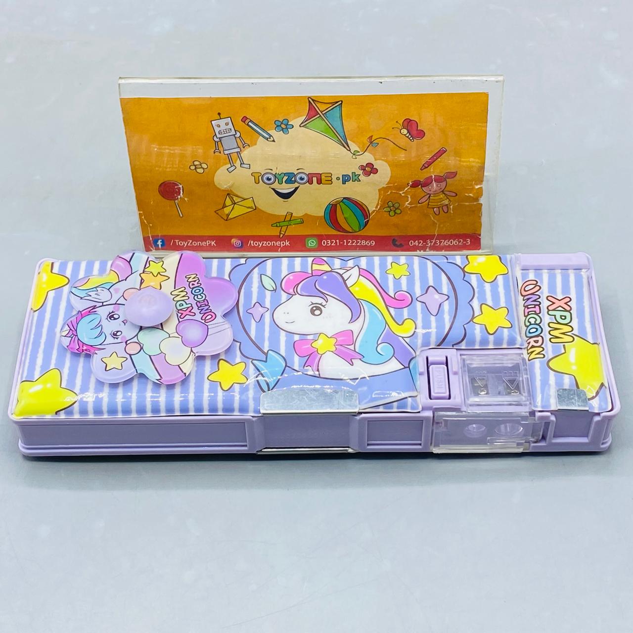 Magical Unicorn Pop-Up Pencil Box with Built-in Sharpener & Purple Striped Design