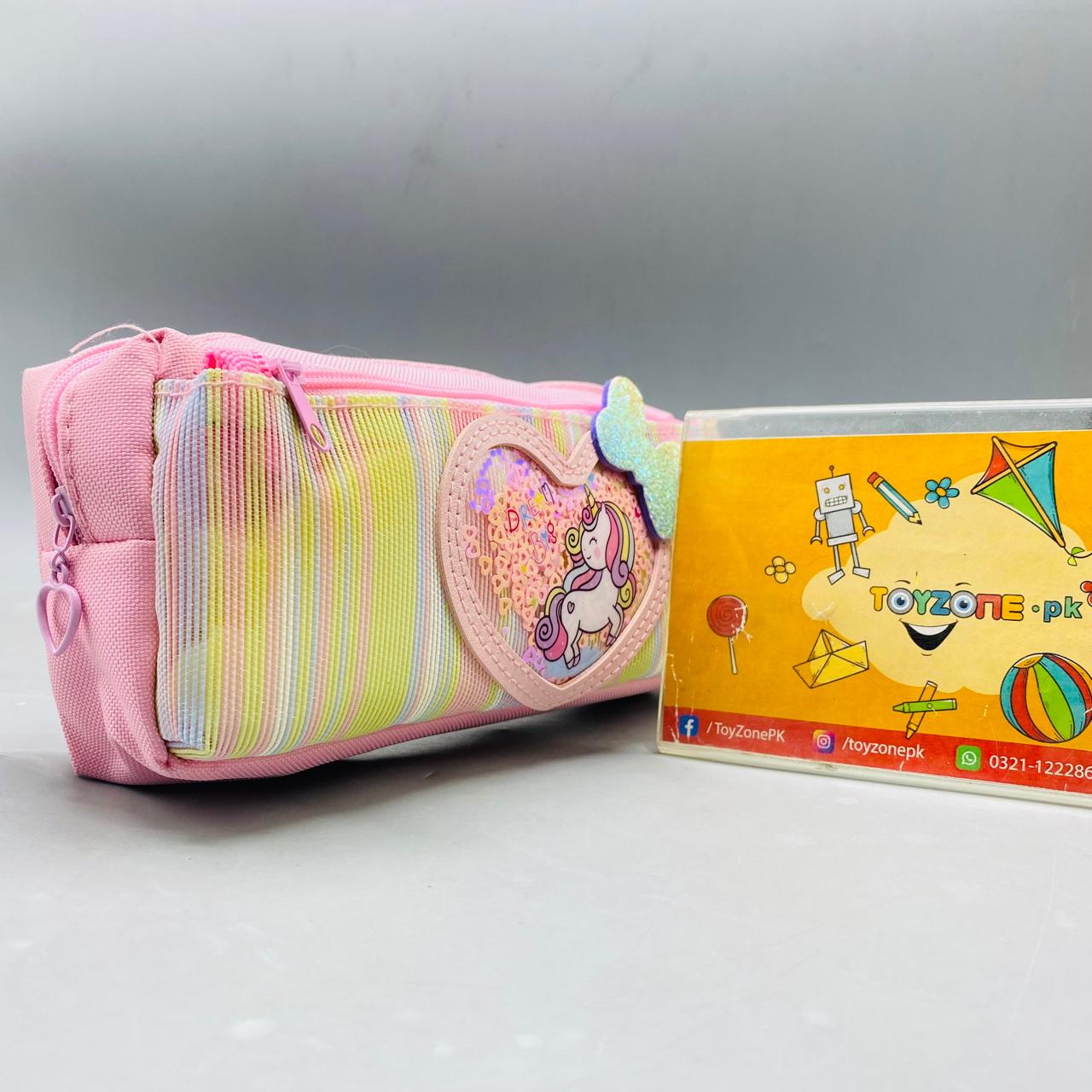 Magical Pink Striped Unicorn Pencil Case with Shimmering Sequin Heart