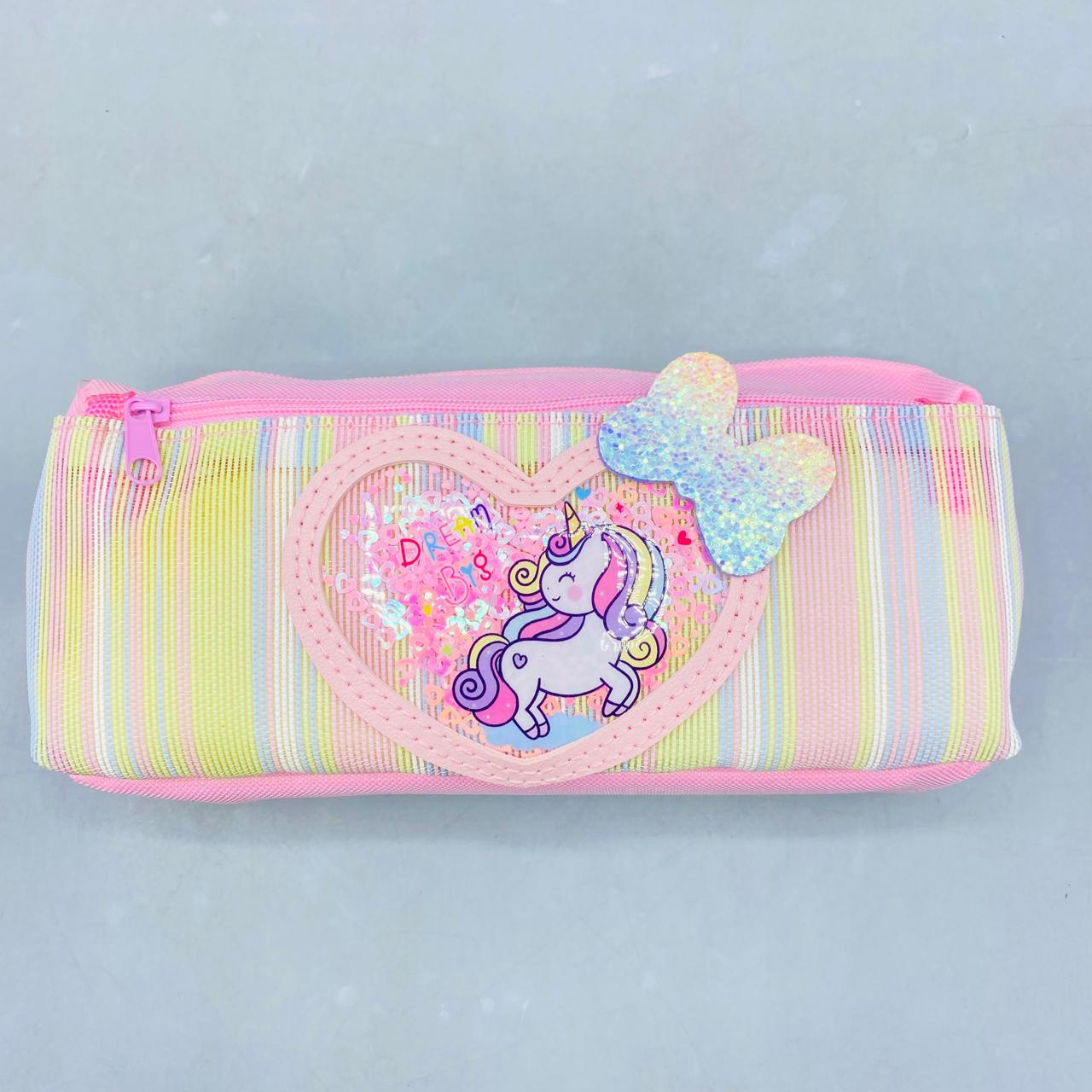 Magical Pink Striped Unicorn Pencil Case with Shimmering Sequin Heart