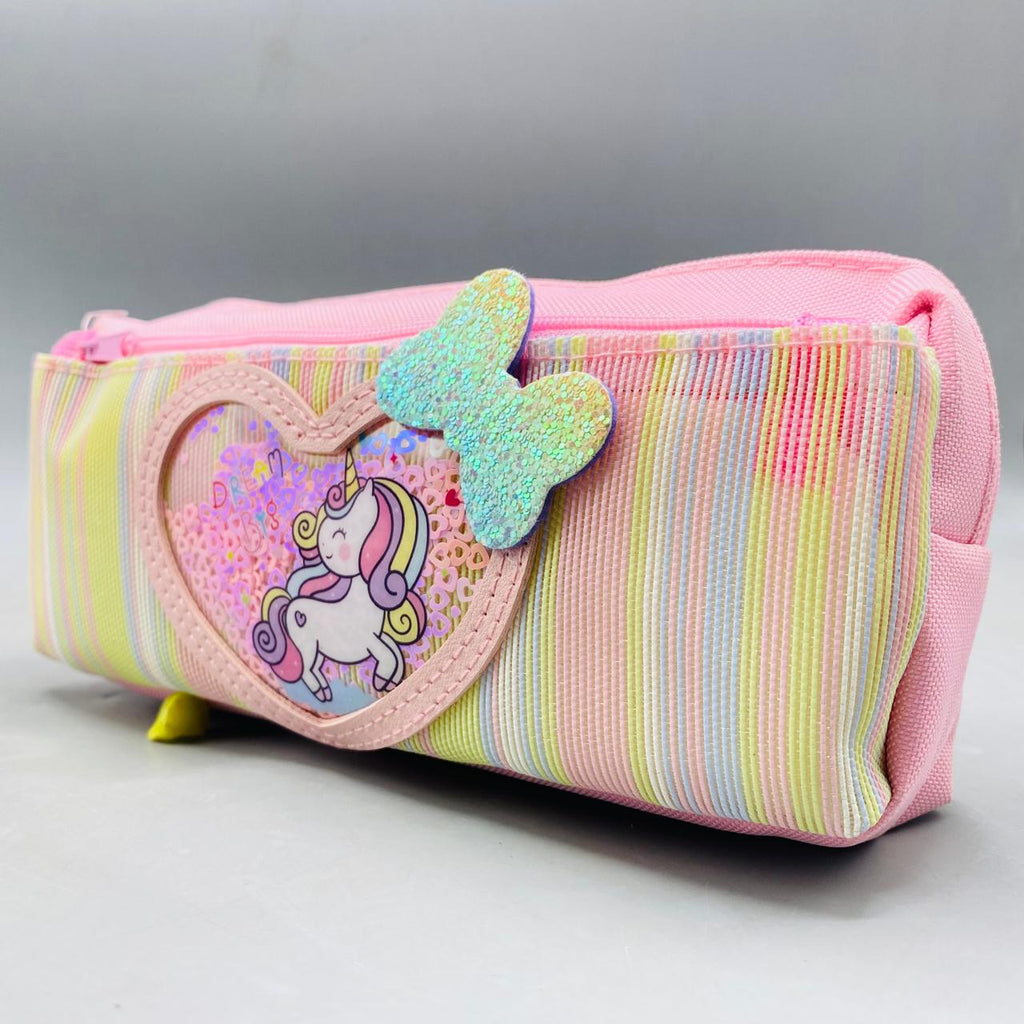 Magical Pink Striped Unicorn Pencil Case with Shimmering Sequin Heart