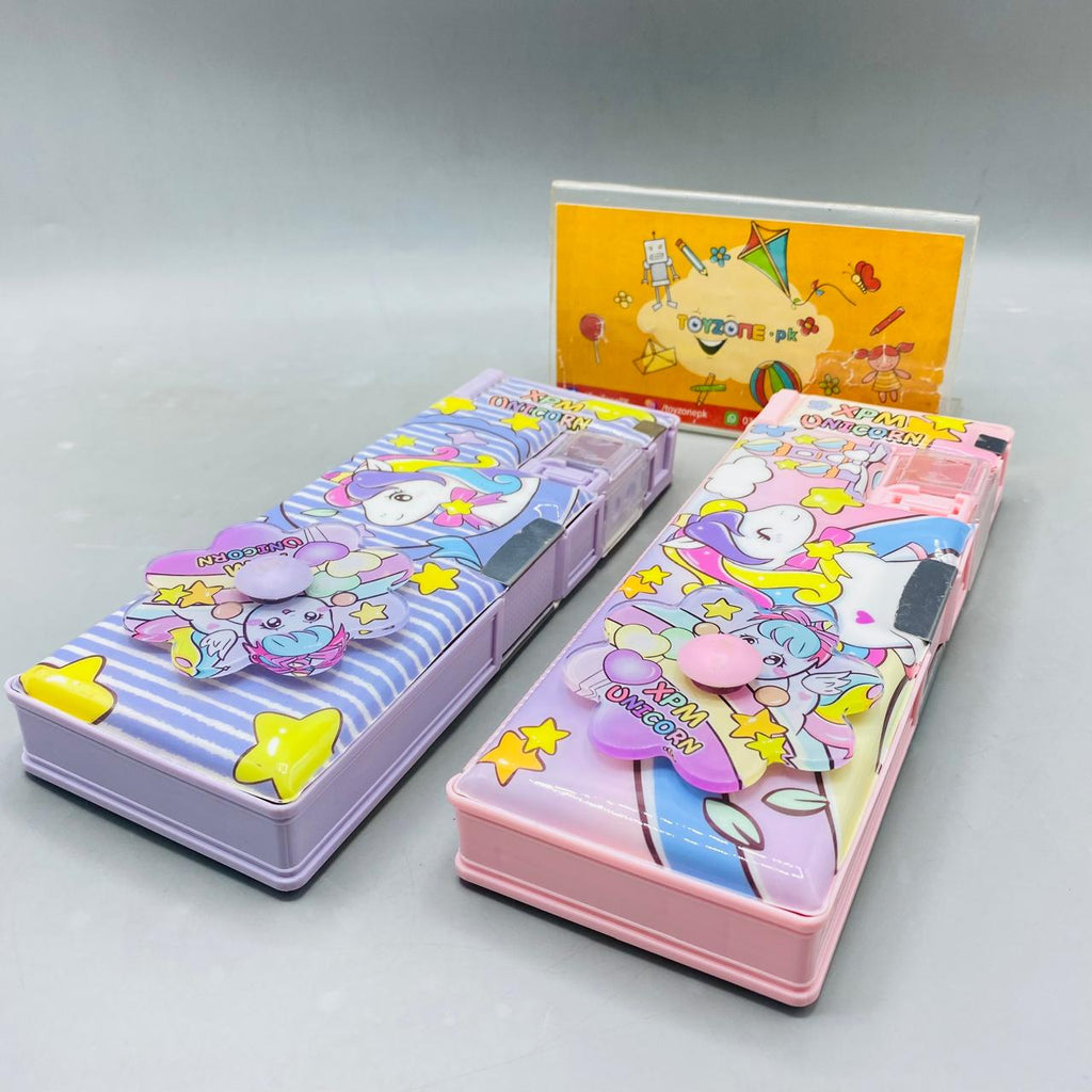 Magical Unicorn Pop-Up Pencil Box with Built-in Sharpener & Purple Striped Design